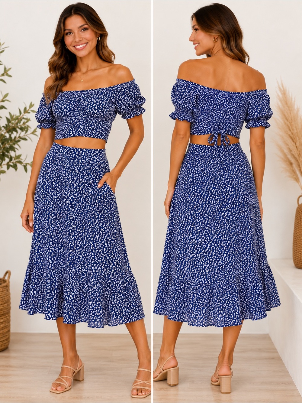 Women’s Blue White Floral Two Piece Matching Set Size Small Off Shoulder Crop To